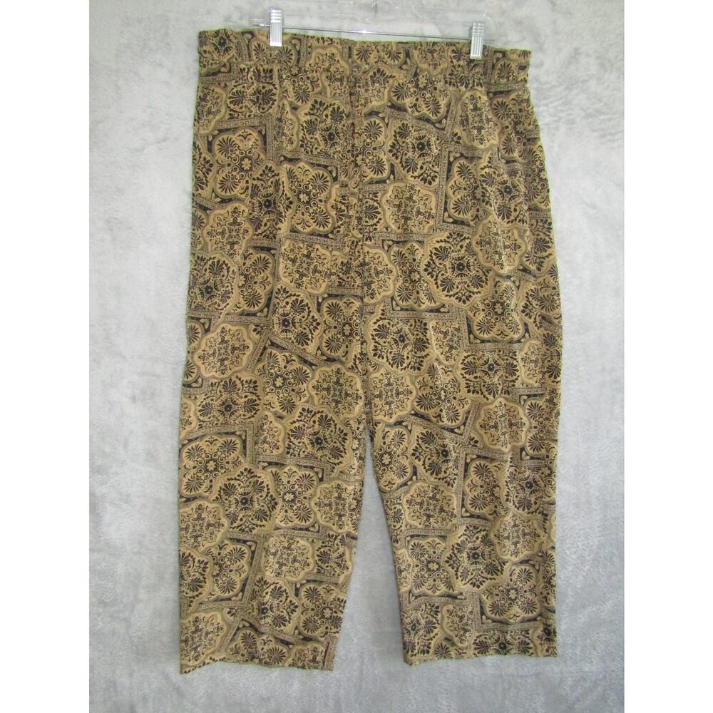 Daniel Field 100% Silk Pants L 14/16 Beige Black Baroque Print Cropped‎ VTG 90s
